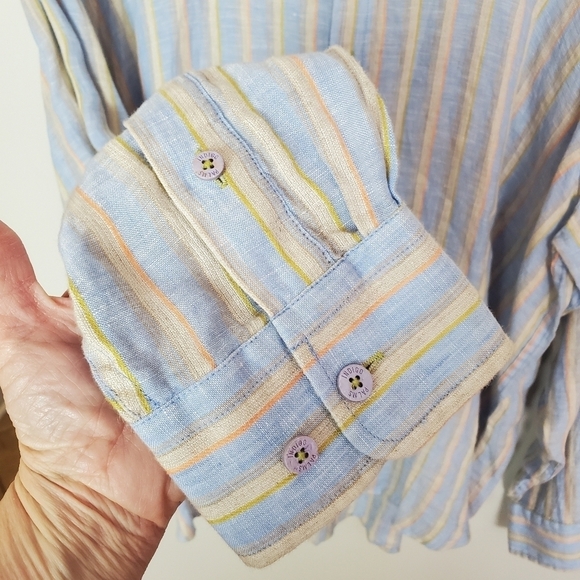 Indigo Palms Linen Button Up shirt Mens XXL Blue Orange Stripes Coastal New - Picture 6 of 12